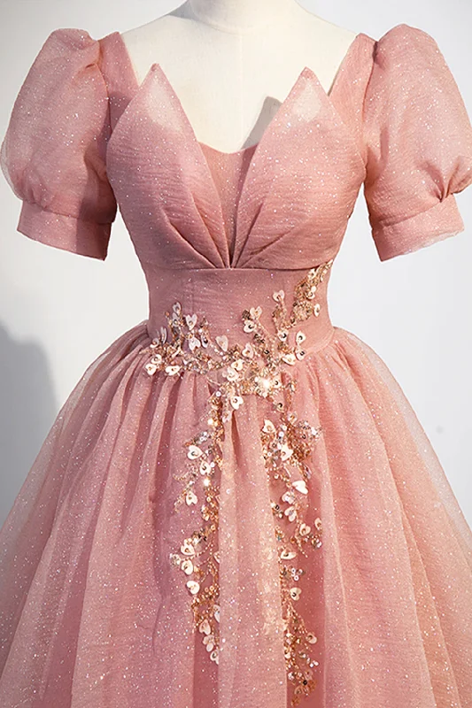 Midnight Madness Pink Tulle Floor Length Prom Dress, Cute Short Sleeve Evening Dress