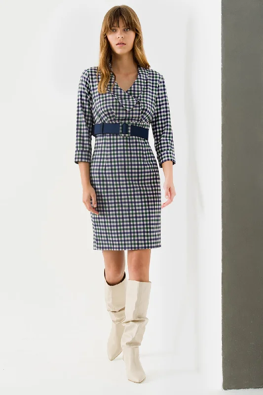 Unbeatable Prices Navy Blue Green Double-breasted neck Belt Patterned Dress