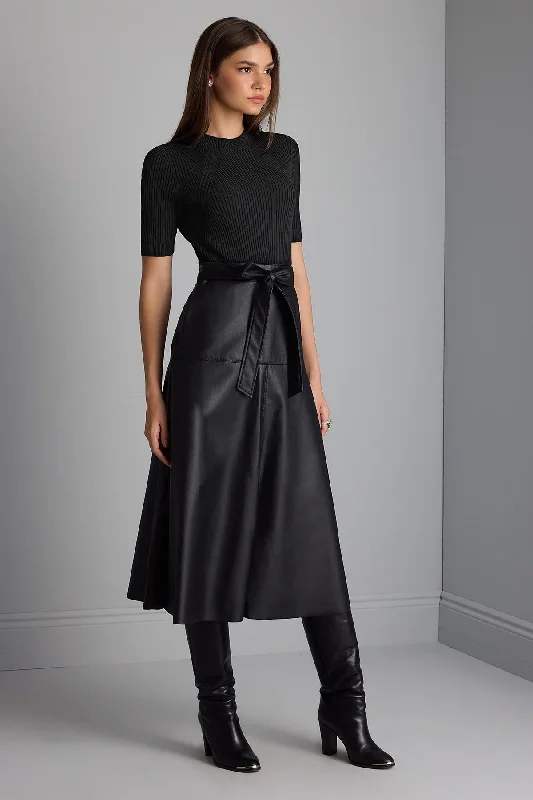 Flash Deals Black Knitwear Dress with Faux Leather Skirt