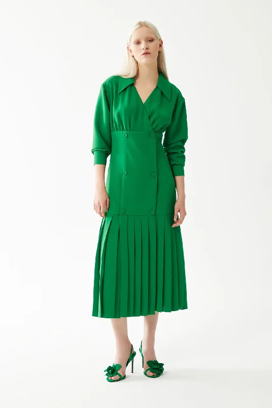 Best Seller Green Shirt Collar Double-breasted Pleated Midi Length Dress