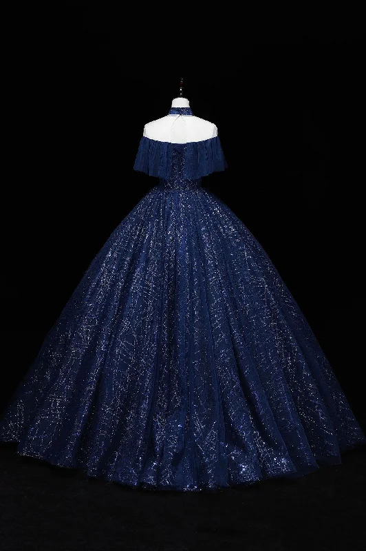 Seasonal Sale Blue Tulle Long Prom Dress with Sequins, A-Line Blue Formal Dress