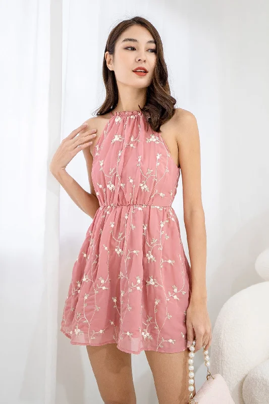 Take Advantage CAMELLIA HALTER MESH DRESS IN ROSE