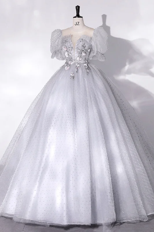 Quick Sale Gray Tulle Long A-Line Ball Gown, Gray Short Sleeve Evening Gown