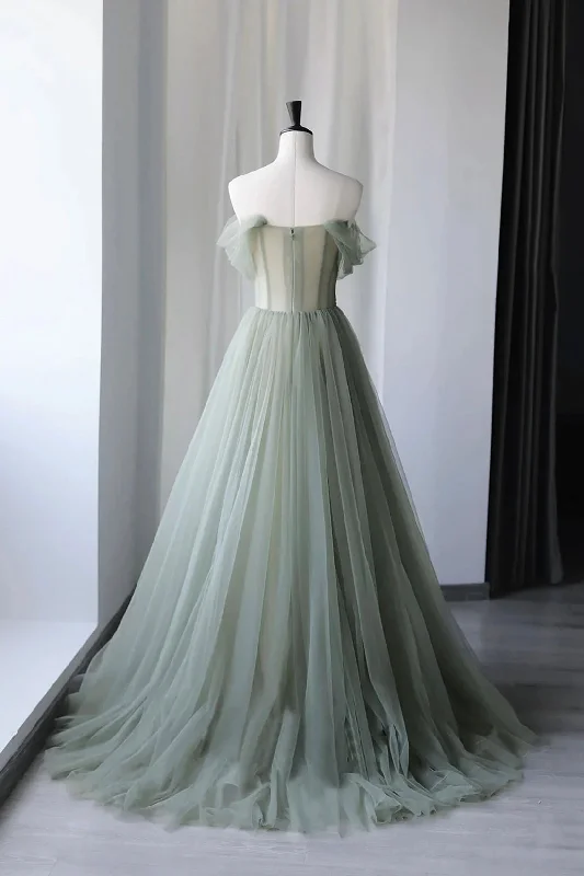 Deal Dash Gray Green Tulle Long Prom Dress, Lovely Off Shoulder A-Line Evening Dress