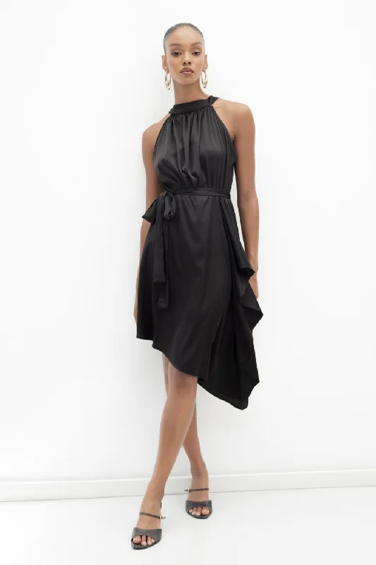 New Deals Black Asymmetrical Hem Detail Satin Dress