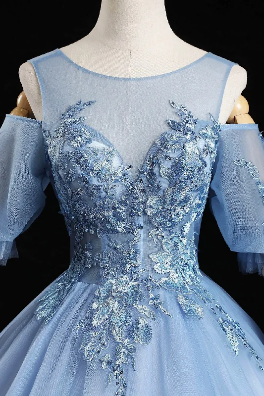 Huge Savings Blue Lace Long A-Line Ball Gown, Blue Formal Party Dress