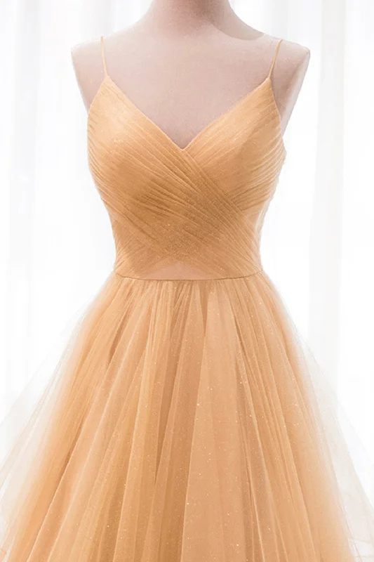 Stock Up and Save Gold V-Neck Tulle Long Prom Dress, A-Line Evening Dress