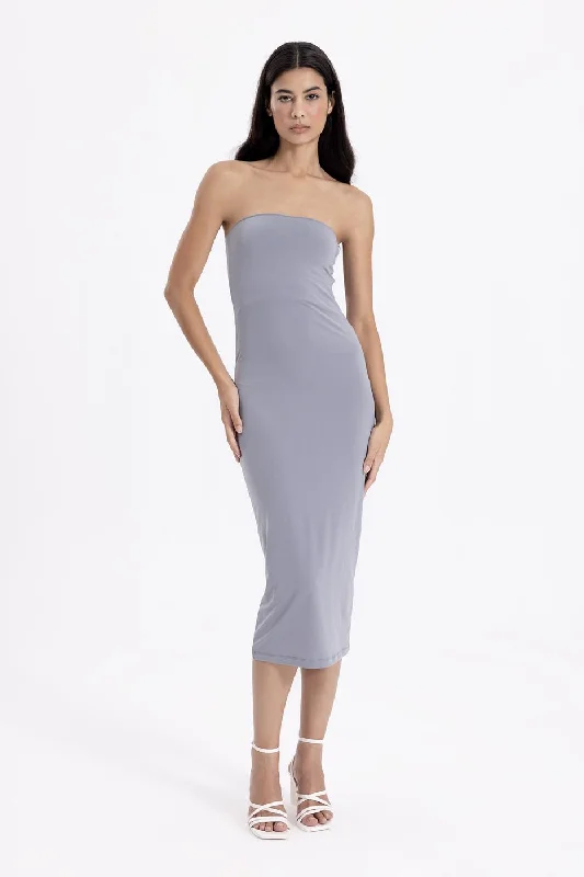 Deep Discounts Gray Strapless Midi Pencil Dress