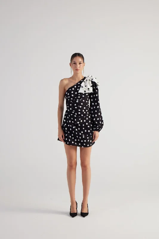 Deal of the Day Polka One Shoulder Mini Dress Black