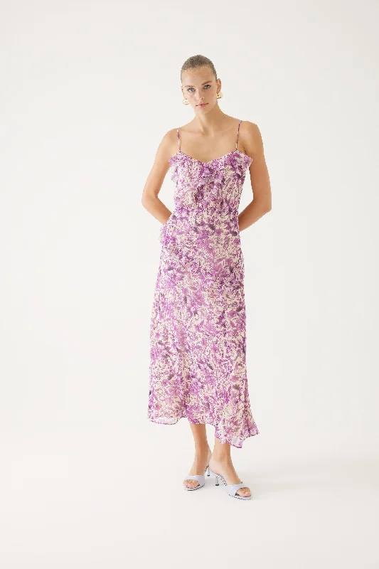 New Deals Floral Patterned & Ruffled Purple Long Dress Model
