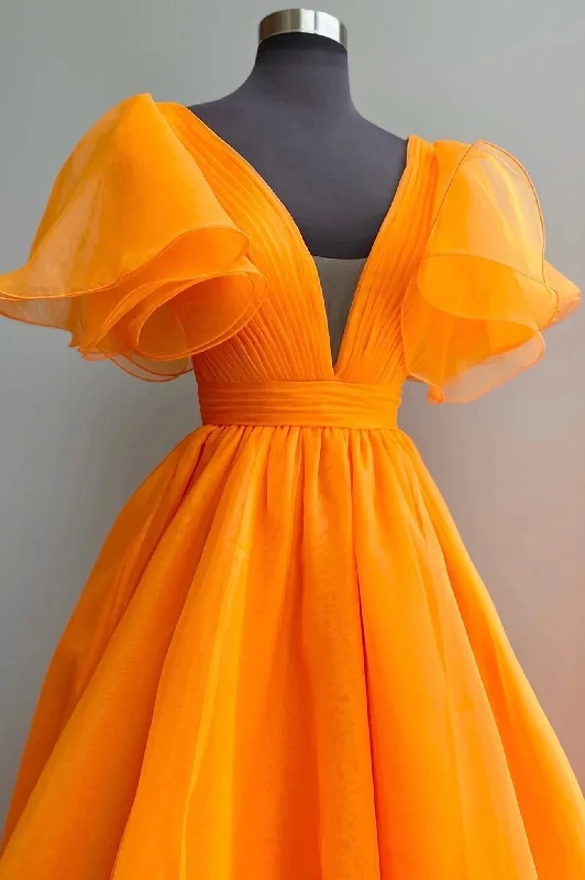 Super Sale Orange V-Neck Long Prom Dress, A-Line Short Sleeve Evening Dress