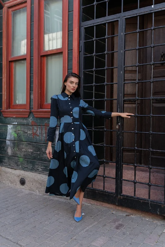Can't Miss Navy Blue Polka Dot Toevou Long Dress