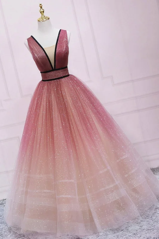 Special Offer Burgundy Gradient Tulle Long Evening Dress, A-Line V-Neck Graduation Party Dress