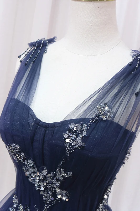 Act Now Blue Tulle Beaded Long Prom Dress, Blue A-Line Evening Party Dress