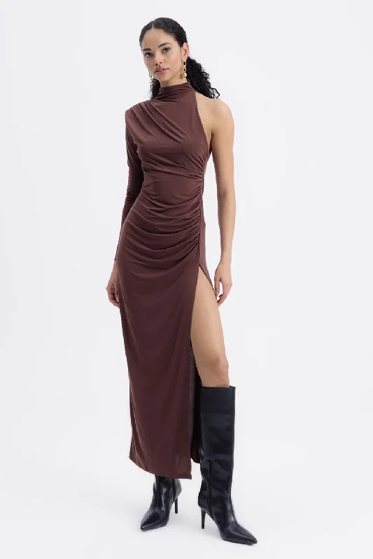 Limited Time Offer Brown Draped One Shoulder Midi Dress