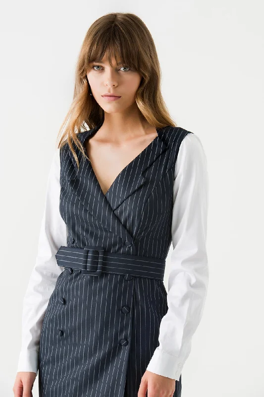 Price Cut Navy Blue Striped Button Down Wrap Dress