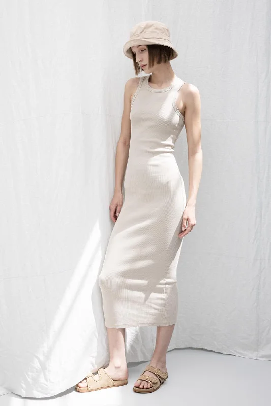 Deal Zone Beige Halter Neck Midi Stretch Dress