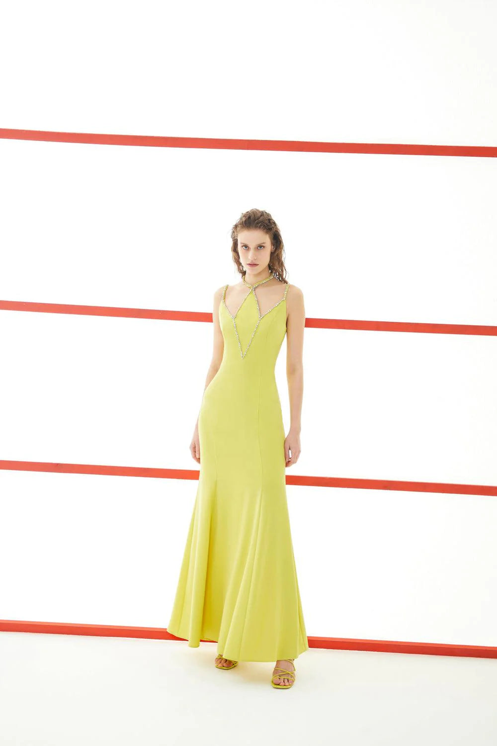 Mega Sale Green Thin Stone Straps Long Evening Dress