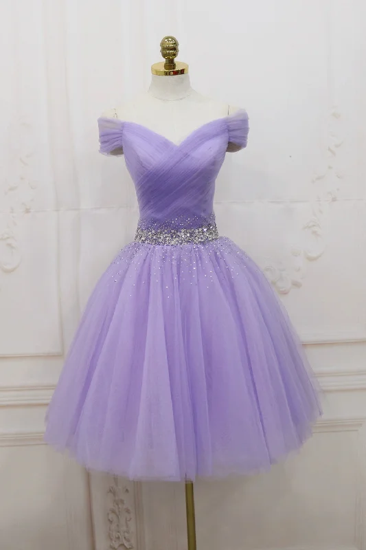 Price Smash Purple Tulle Beaded Short Prom Dress, Off Shoulder Party Dress