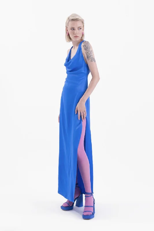 Price Reduction Sax Blue Cowl Neck Slit Detail Maxi Dress