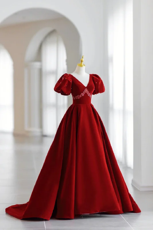 Act Fast Burgundy V-Neck Velvet Long Formal Dress, A-Line Short Sleeve Evening Dress