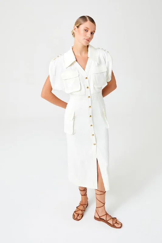 Value Deals Midi Length Dress With Ecru Pocket Detail And Buttons On The Front
