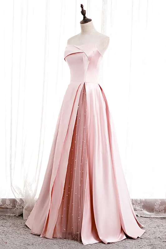Exclusive Online Offer Pink Satin Long Prom Dress with Pearls, Pink Strapless Evening Dress