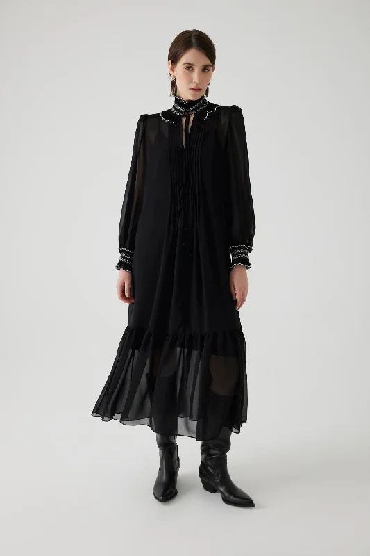 Super Sale Black Pleated Long Sleeve Midi Chiffon Bohemian Black Dress