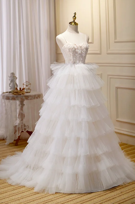 Discount Deals Champagne Sweetheart Layers Princess Dress, Spaghetti Straps Tulle Formal Gown