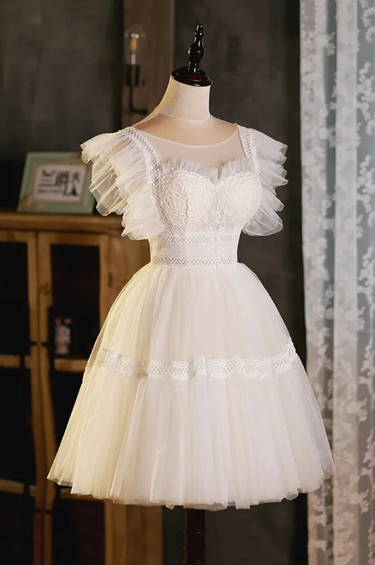Shop and Save Cute Lace Short A-Line Prom Dress, Champagne Mini Homecoming Party Dress
