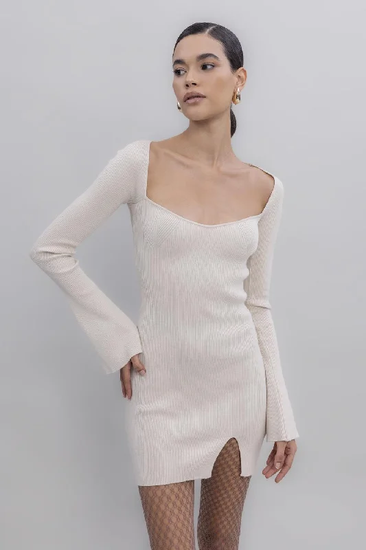 Massive Deals Beige Long Sleeve Kiss Collar Slit Mini Knit Dress