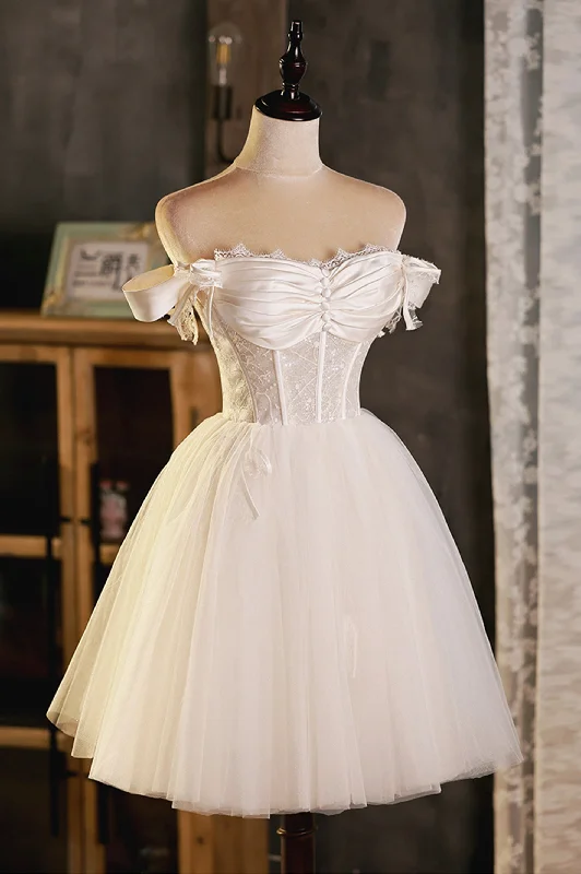 Unbeatable Prices Champagne Tulle Short A-Line Prom Dress, Off the Shoulder Evening Party Dress