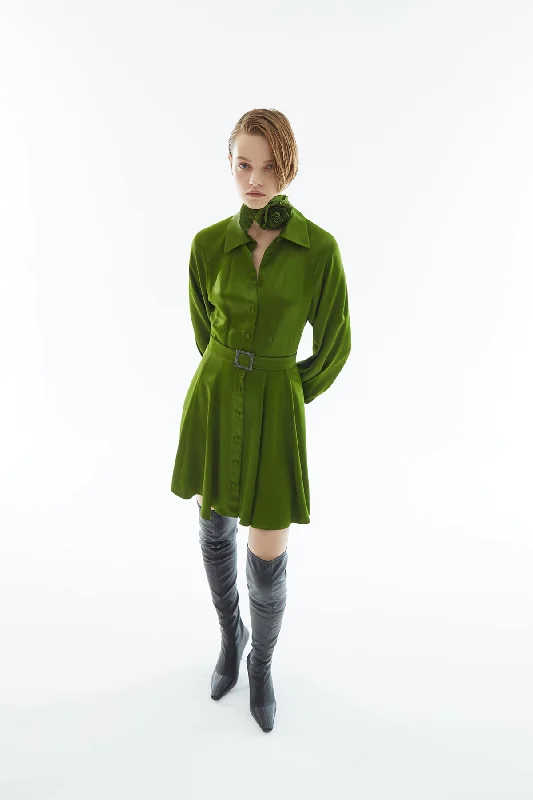 Limited Time Offer Green Plain Mini Shirt Dress with Belt