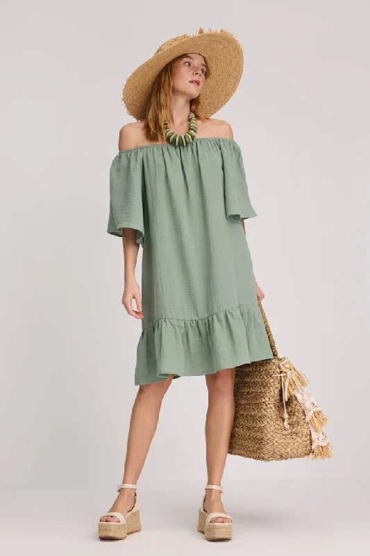 Flash Sale Bateau Neck Moss Green Muslin Dress