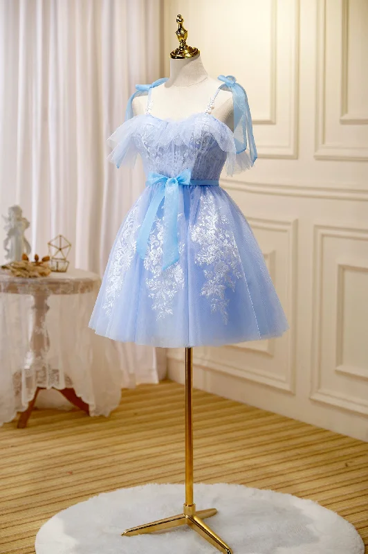Bonus Savings Blue Spaghetti Strap Lace Short Prom Dress, Lovely A-Line Homecoming Dress