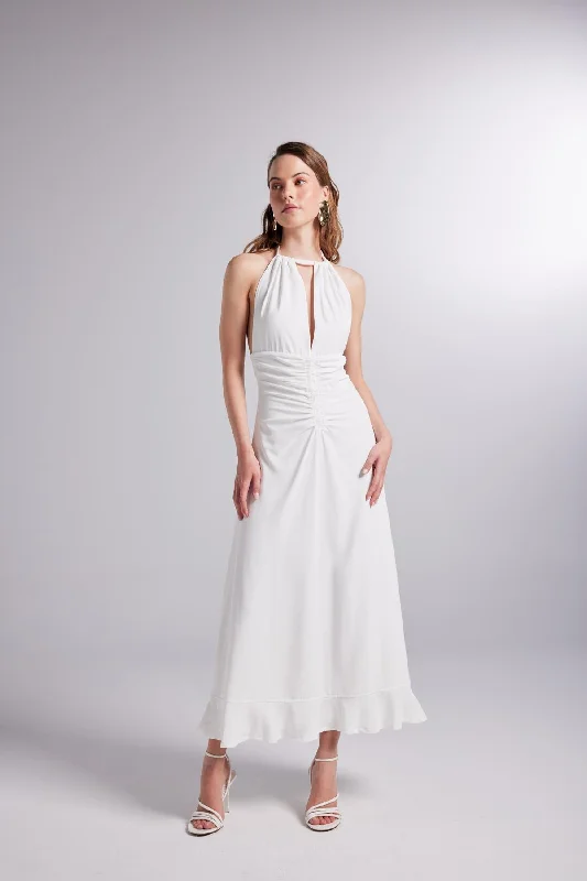 Year-End Clearance Signa Tie Neck Long Dress White