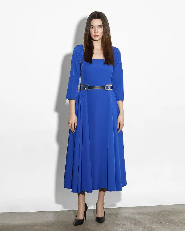 Instant Savings Blue Pleated Saks Midi Length Dress with Belt