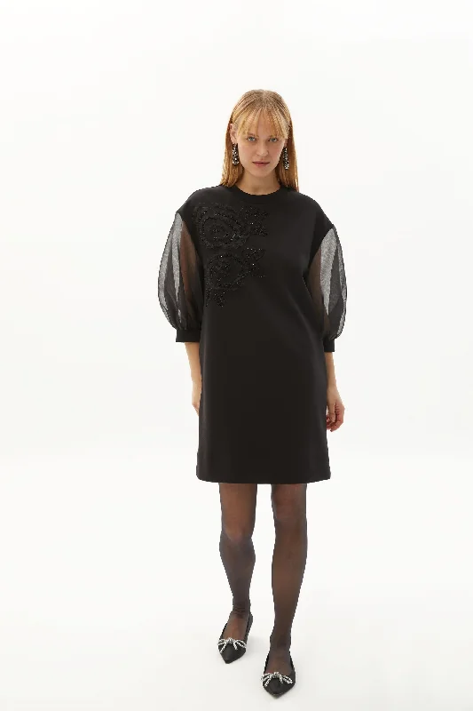 Overstock Organza Sleeve Embroidered Stretch Black Mini Knit Dress