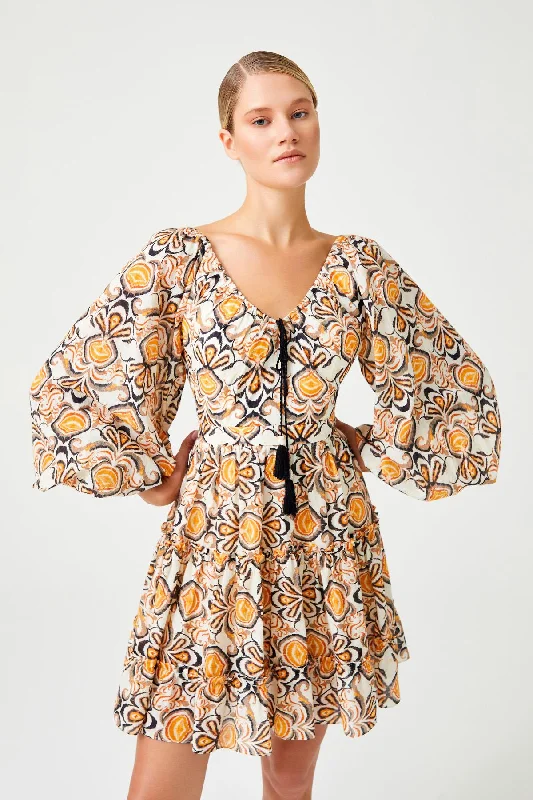 Extra Discounts Orange Patterned Balloon Sleeve Mini Dress