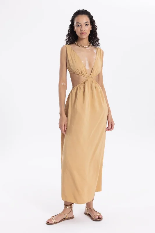 Special Discount Beige Low-Cut Linen Dress