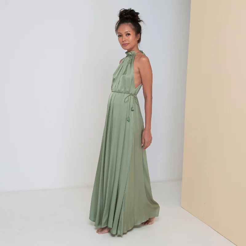 Price Smash STREAM LONG HALTER DRESS - Rayon Viscose Satin | Light Olive Green