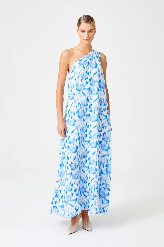 Limited Time Single Shoulder Long Dress In White Blue Floral