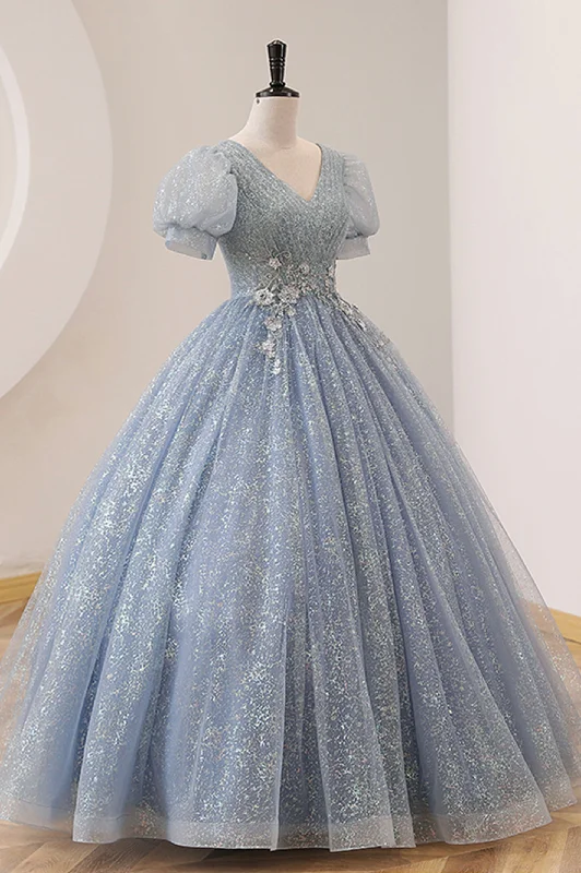 Steals and Deals Blue Tulle Long A-Line Prom Dress, V-Neck Short Sleeve Evening Dress