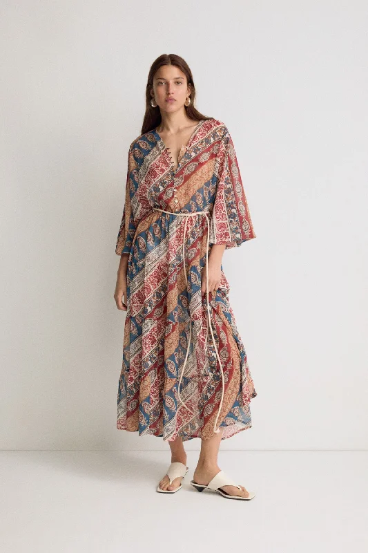 Weekend Deal Multicolor Shawl Pattern Chiffon Dress