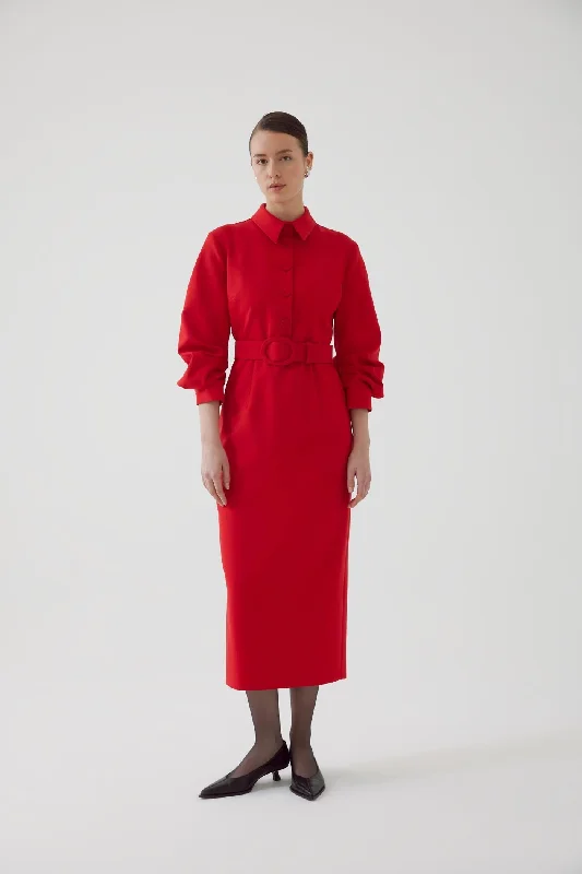 New Deals Belted Regular Midi Red Dress
