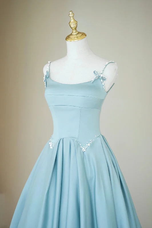 Deal of the Week Blue Satin Long A-Line Prom Dress, Spaghetti Straps Evening Dress