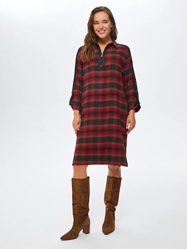 Can't Be Beat Half Zipper Checkered Dress With Red Stripe Detail 67252