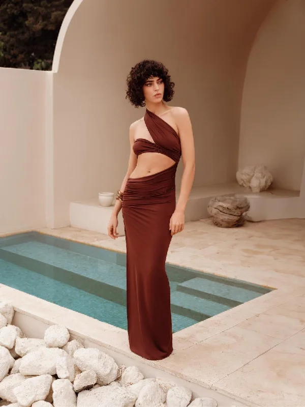 Super Deal Ola Brown Long Brown Dress with Decollete