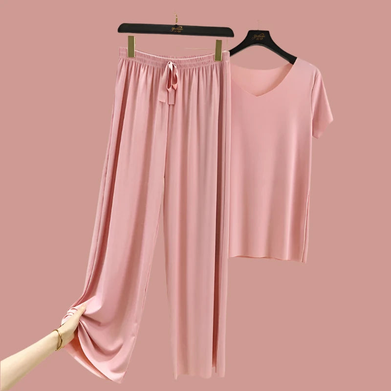 Big Discounts Travel essentialsIce Silk Short Sleeve T-shirt And Wide Leg Pants Two-piece Sets for Leisure Big Discounts Travel essentialsIce Silk Short Sleeve T-shirt And Wide Leg Pants Two-piece Sets for Leisure