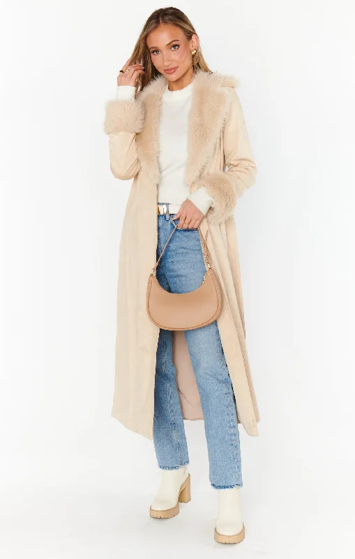 Penny Lane Long Coat ~ Beige Faux Suede with Faux Fur